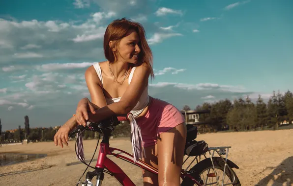 Sand, beach, girl, bike, pose, smile, shorts, Alexander Skripnikov