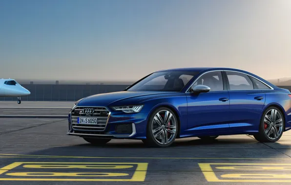 Blue, Audi, sedan, the airfield, Audi A6, 2019, Audi S6