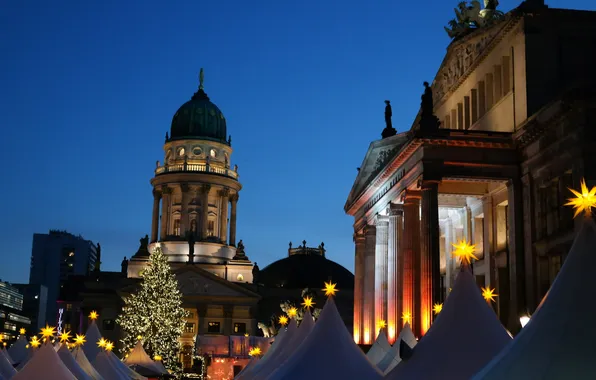 Germany, area, Christmas, Berlin, fair, Gendarmenmarkt, German Cathedral, Concert house