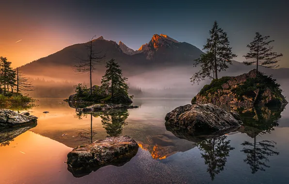 Light, mountains, fog, reflection, stones, rocks, shore, morning
