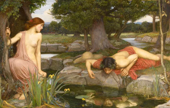 Forest, art, John William Waterhouse, Echo and Narcissus