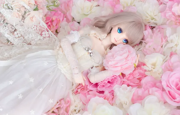 Eyes, flowers, doll, dress, blonde