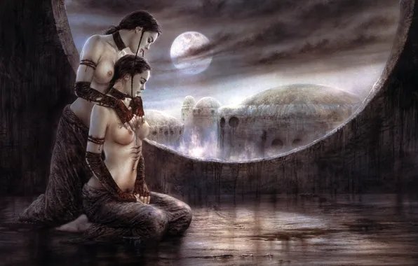 Chest, girls, the moon, blood, tattoo, balcony, pain, Luis Royo