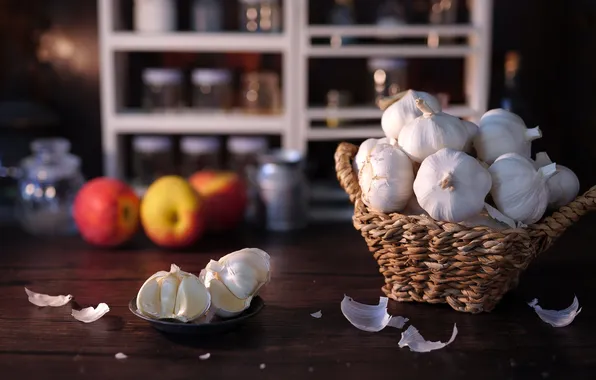 Table, apples, banks, still life, basket, saucer, blurred background, shelves