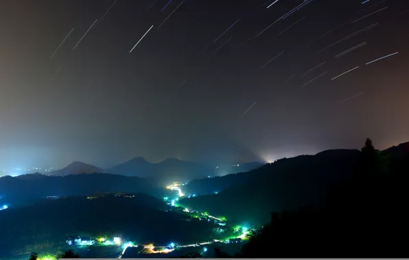 Picture trees, night, lights, hills, starry sky