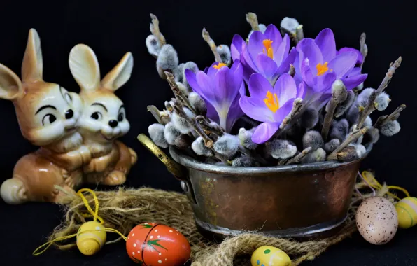 Picture flowers, branches, holiday, eggs, Easter, crocuses, fabric, rabbits