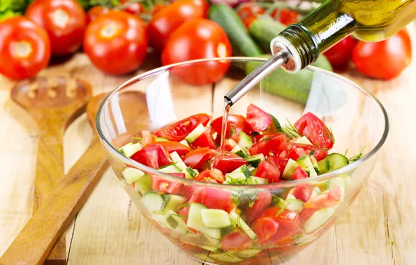 Oil, bow, tomatoes, cucumbers, salad