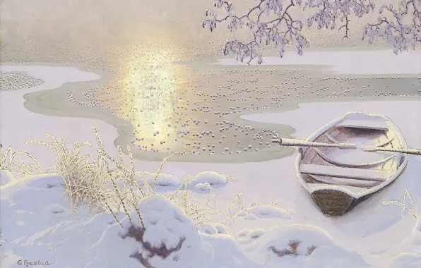 Picture winter, water, the sun, snow, ice, Gustaf Fjaestad, shore. boat