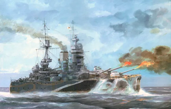 Picture wave, the ocean, flame, figure, ship, battle, art, Navy, shots, WW2, UK, linear, Relatives, Rodney