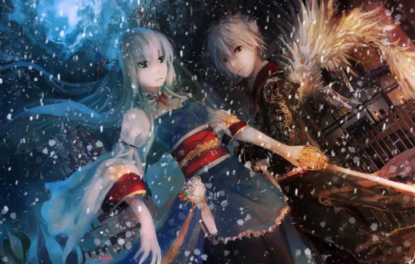 Picture girl, snow, the city, wings, sword, anime, guy, two