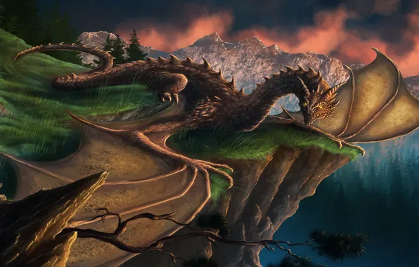 Picture look, trees, mountains, fiction, open, dragon, wings, art