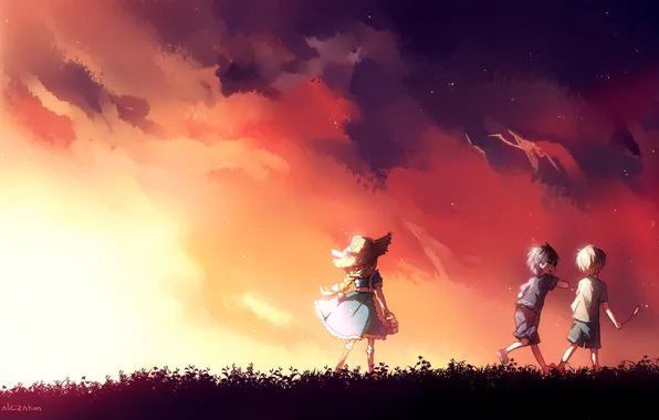 Picture the sky, stars, clouds, sunset, children, hat, anime, art