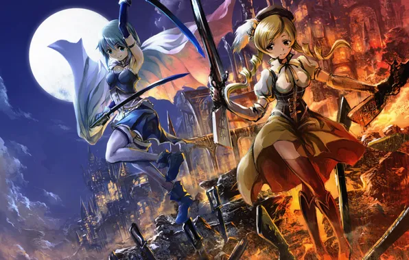 Picture the sky, night, the city, smile, weapons, girls, the moon, sword