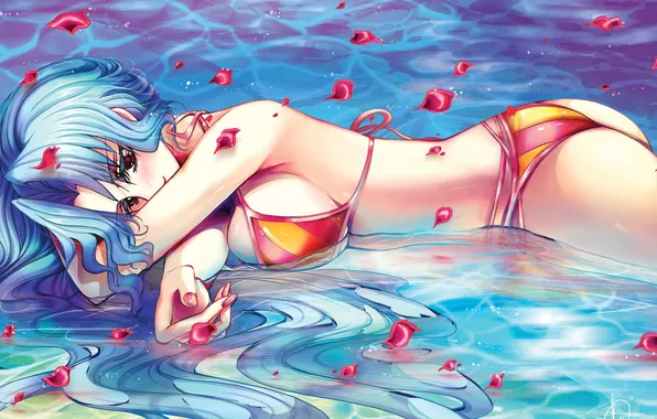 Swimsuit, water, girl, petals, lies