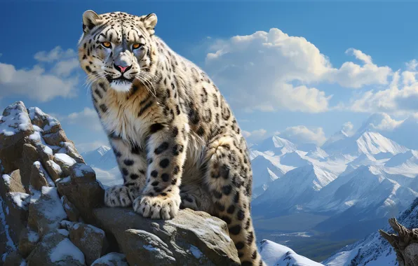 Winter, Mountains, Look, Snow, Predator, Snow leopard, Digital art, Big cat