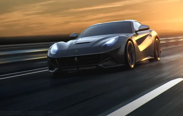 Ferrari, Speed, Front, Sun, Road, Berlinetta, F12, Silver