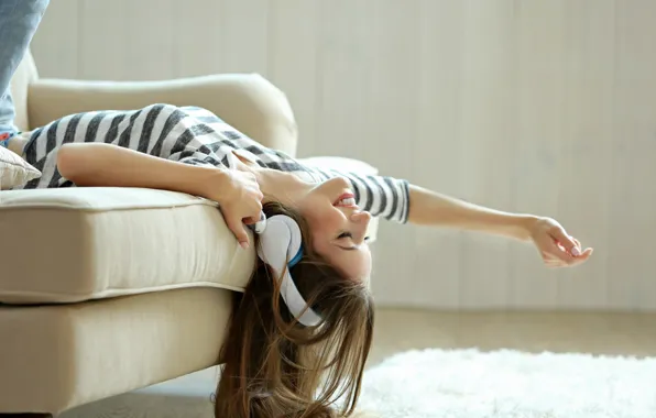 Picture relax, girl, headphones, mood, brunette, armchair, closed eyes, Happiness