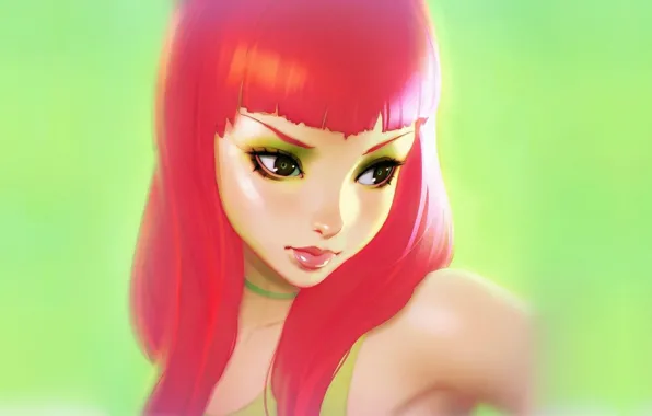 Face, makeup, sponge, shoulder, green background, red hair, bangs, portrait of a girl