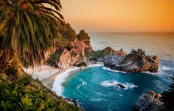 Palma, rocks, coast, waterfall, CA, Pacific Ocean, California, The Pacific ocean