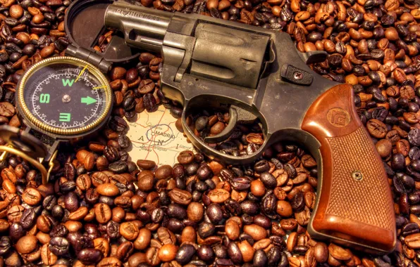 Coffee, map, grain, Spain, revolver, compass, Madrid, six