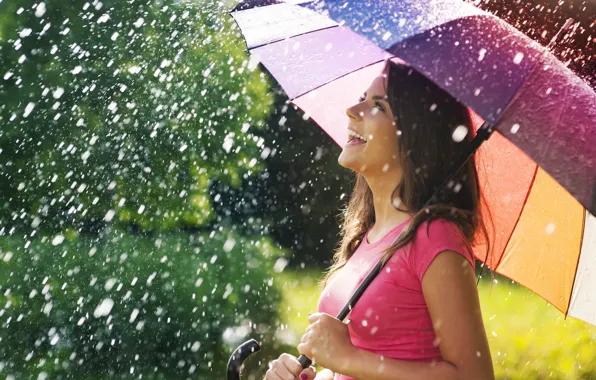 Summer, girl, joy, happiness, smile, umbrella, background, rain