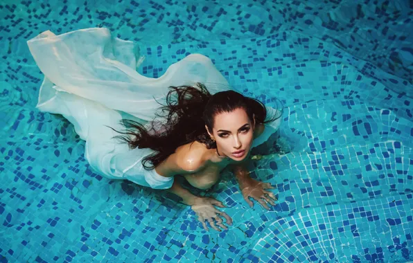 Chest, look, water, girl, face, pose, pool, Nicolas Verano