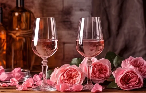 Flowers, table, holiday, wine, bottle, roses, bouquet, petals