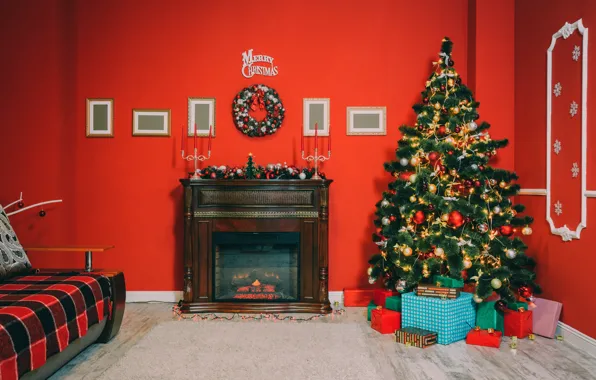 Decoration, toys, tree, New Year, Christmas, gifts, fireplace, Christmas