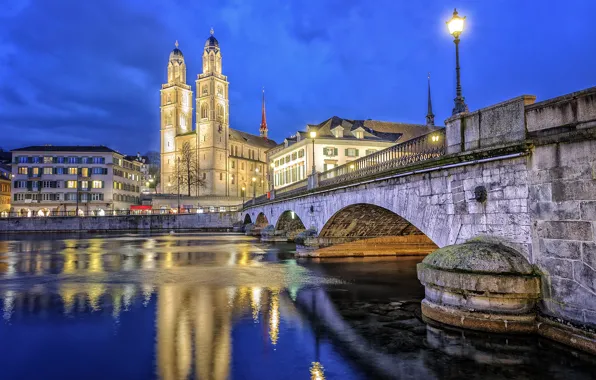 The sky, water, bridge, the city, river, building, the evening, Switzerland