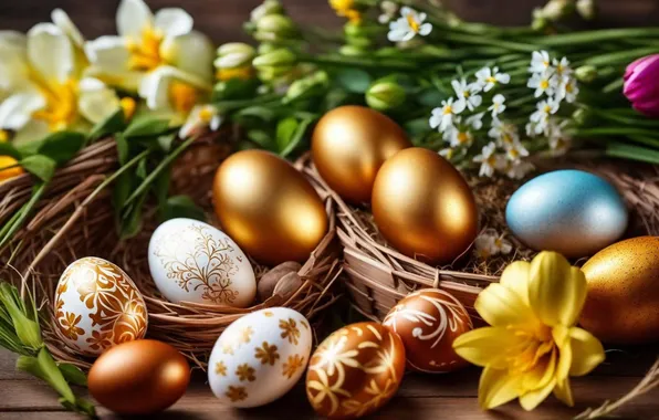Picture flowers, eggs, spring, colorful, Easter, happy, flowers, spring