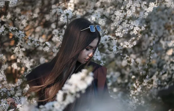 Girl, branches, pose, spring, glasses, flowering, long hair, closed eyes