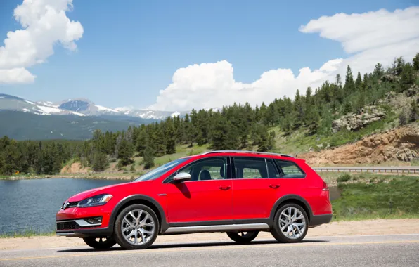 Picture the sky, red, Volkswagen, pond, universal, 2017, Golf Alltrack