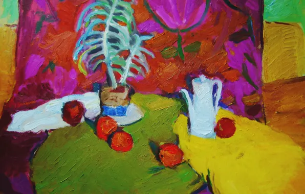 Tulip, 2006, kettle, still life, Peter Petyaev, Apples and colored drapery