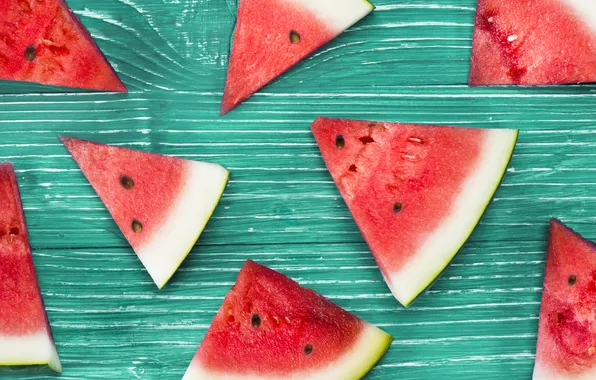 Board, watermelon, a lot, green background, slices, slices