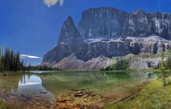 The sky, trees, mountains, lake, rocks, panorama