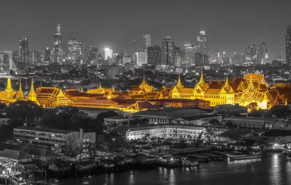 Night, lights, castle, panorama, Thailand, Bangkok, Palace