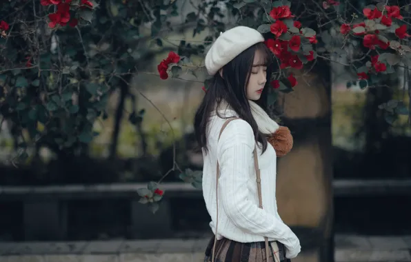 Beautiful, Asian, Model, Flower, Woman, Pretty, Outdoor, Closed Eyes