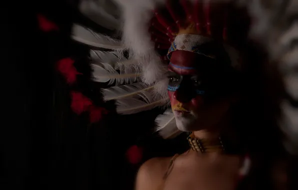 Girl, face, background, feathers, paint, headdress