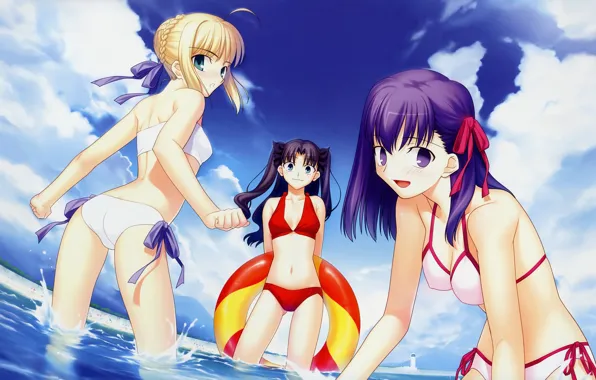 Wallpaper summer the sky girls swimwear trio Rin the saber