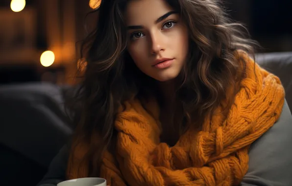 Winter, autumn, look, girl, orange, lights, tea, portrait