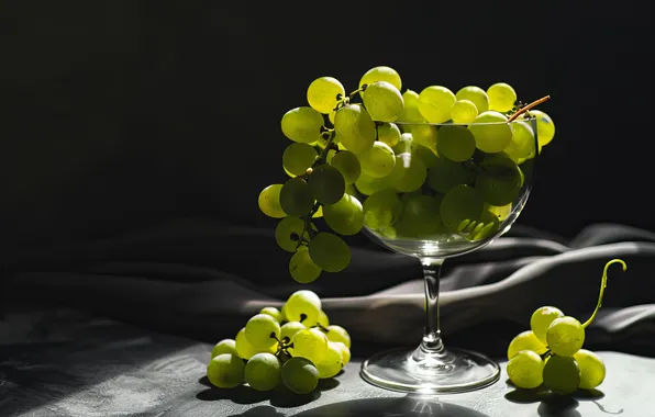 Glass, light, green, the dark background, table, glass, grapes, fabric