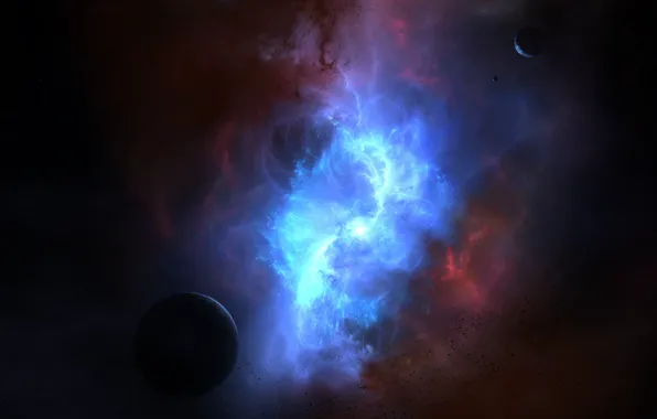 Color, space, nebula, planet, glow, asteroids