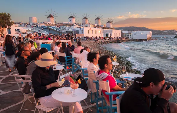 Picture sea, Greece, cafe, windmill, Mykonos