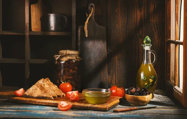 Light, retro, table, Board, bottle, oil, window, bread