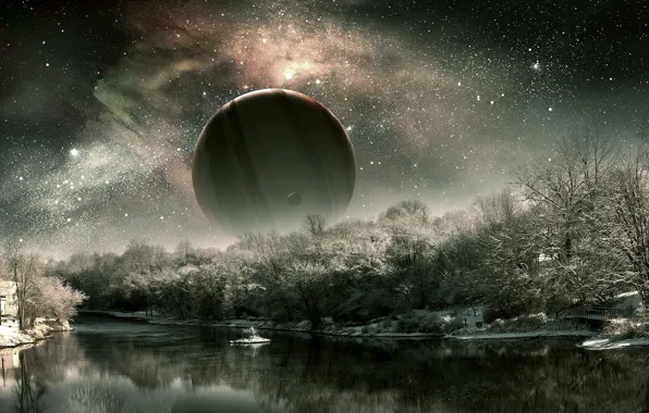 Picture snow, winter, stars, clouds, the sky, river, forest, planet
