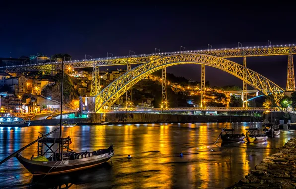 Night, bridge, lights, river, home, boats, Portugal, promenade
