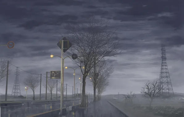 Road, the sky, trees, clouds, fog, rain, Japan, Fanari