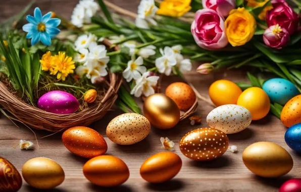 Flowers, eggs, spring, colorful, Easter, flowers, spring, Easter