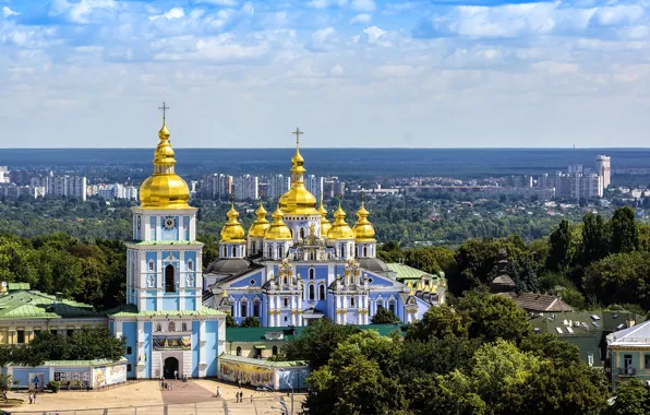 The sky, trees, home, panorama, Ukraine, the monastery, Kiev, the bell tower