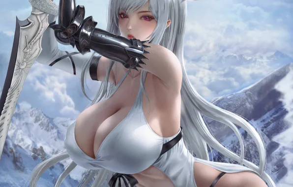 Girl, sword, sexy, lingerie, panties, long hair, boobs, anime